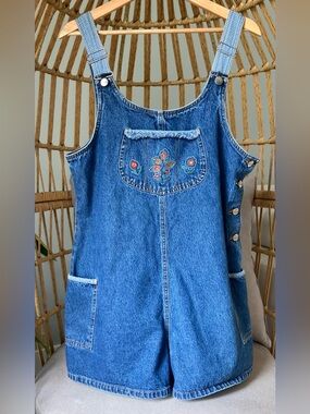 Vintage 90s Embroidered Denim Shortalls Cottagecore Floral Overall Shorts M
